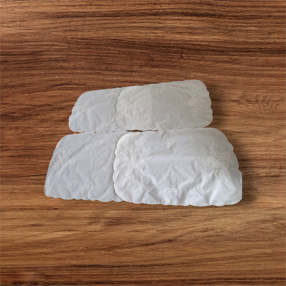 Vintage White Linen Doilies, Vanity Cloth, Dressers Scarf Embroidery Set of 4 - Picture 8 of 9